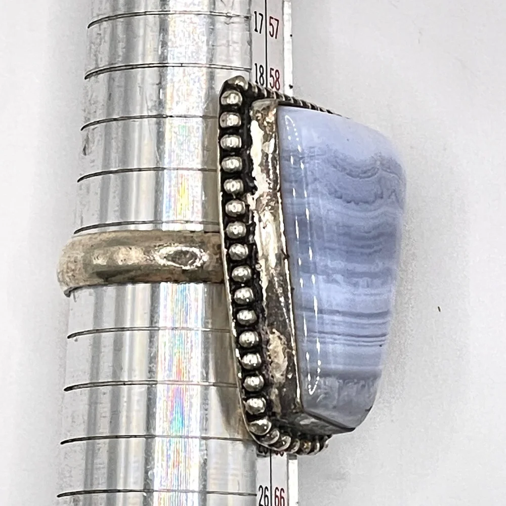 Vintage Artisan 925 Sterling Blue Lace Agate Statement Ring Size 9 1/2 Unisex